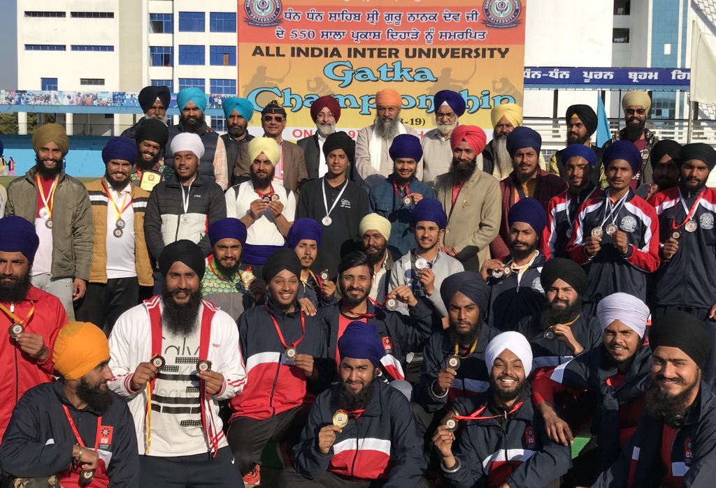 Chancellor of SBBS University Jalandhar Sant Baba Dilawar Singh with winners during All India Inter-Varsity Gatka (Men) Championship-2019
